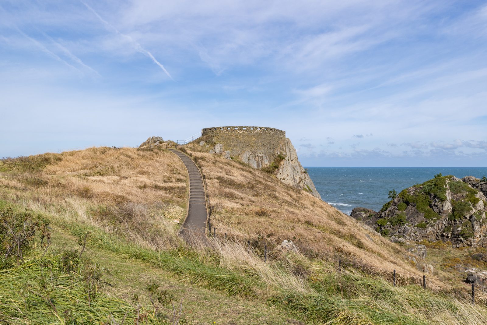 The round Ashigezaki observation platform on a grassy headland above the sea, reached by a narrow path