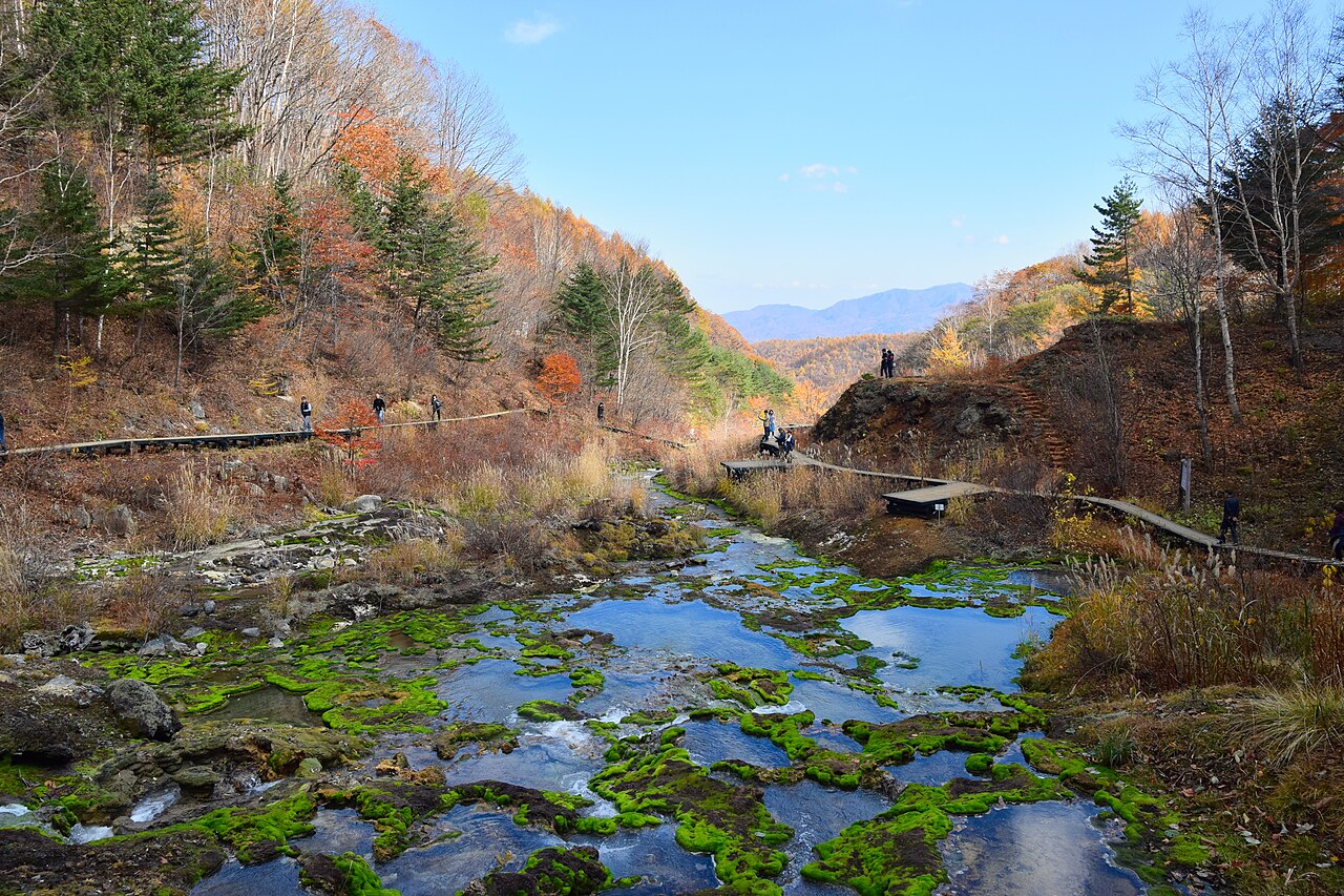 A wooden boardwalk crossing shallow water floored with vivid green moss, with autumn colour on the surrounding slopes.