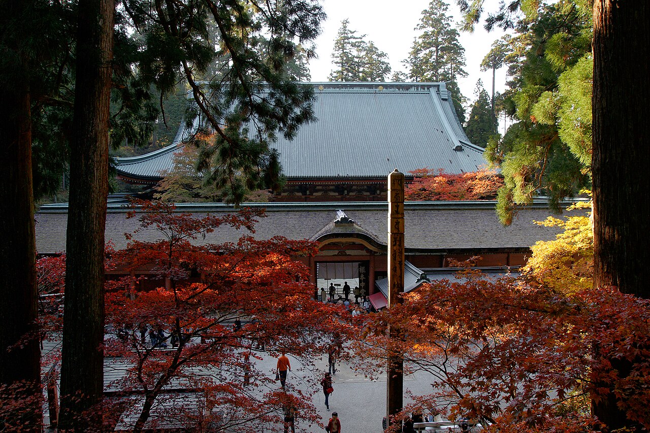 The wide cypress-bark roof of the Konponchudo at Enryakuji, seen through autumn maples and old cedars on Mount Hiei.