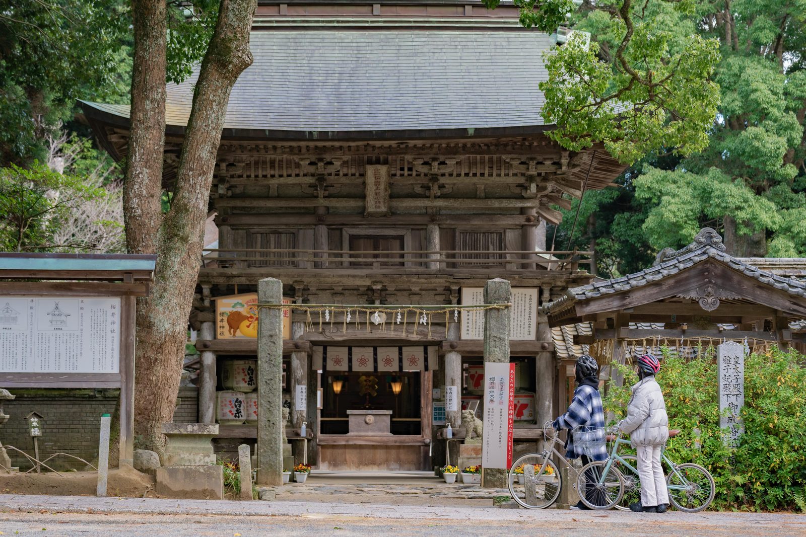 The wooden two-storey gate of Sakurai Shrine in Itoshima with a cyclist and a walker standing in front, under a canopy of old trees