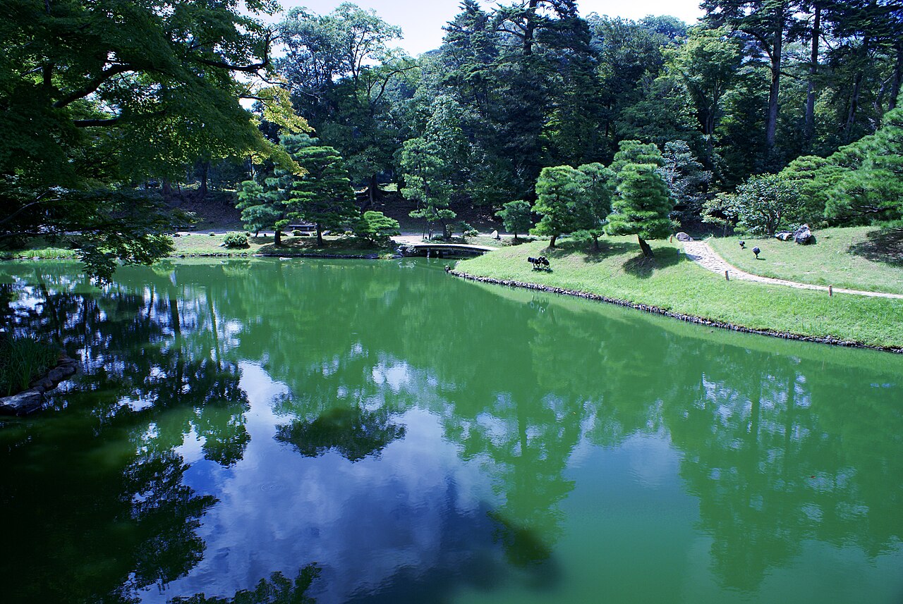 The pond at Genkyu-en garden below Hikone Castle, with clipped pines along the water.