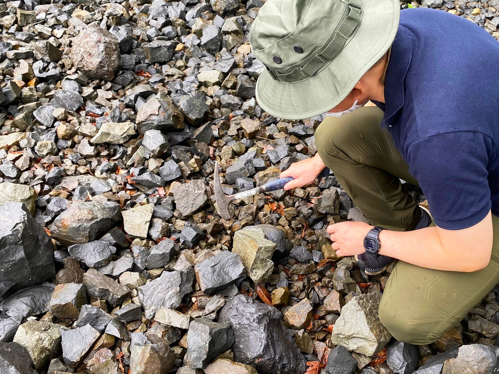 A visitor in a green bucket hat crouches on a gravel bed and taps at rocks with a small hammer to look for fossils.