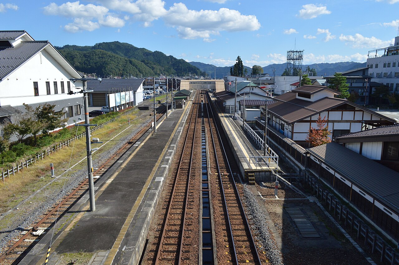 JR Hida-Furukawa Station seen from above, with the platforms and tracks in the foreground and green wooded hills behind under a clear sky
