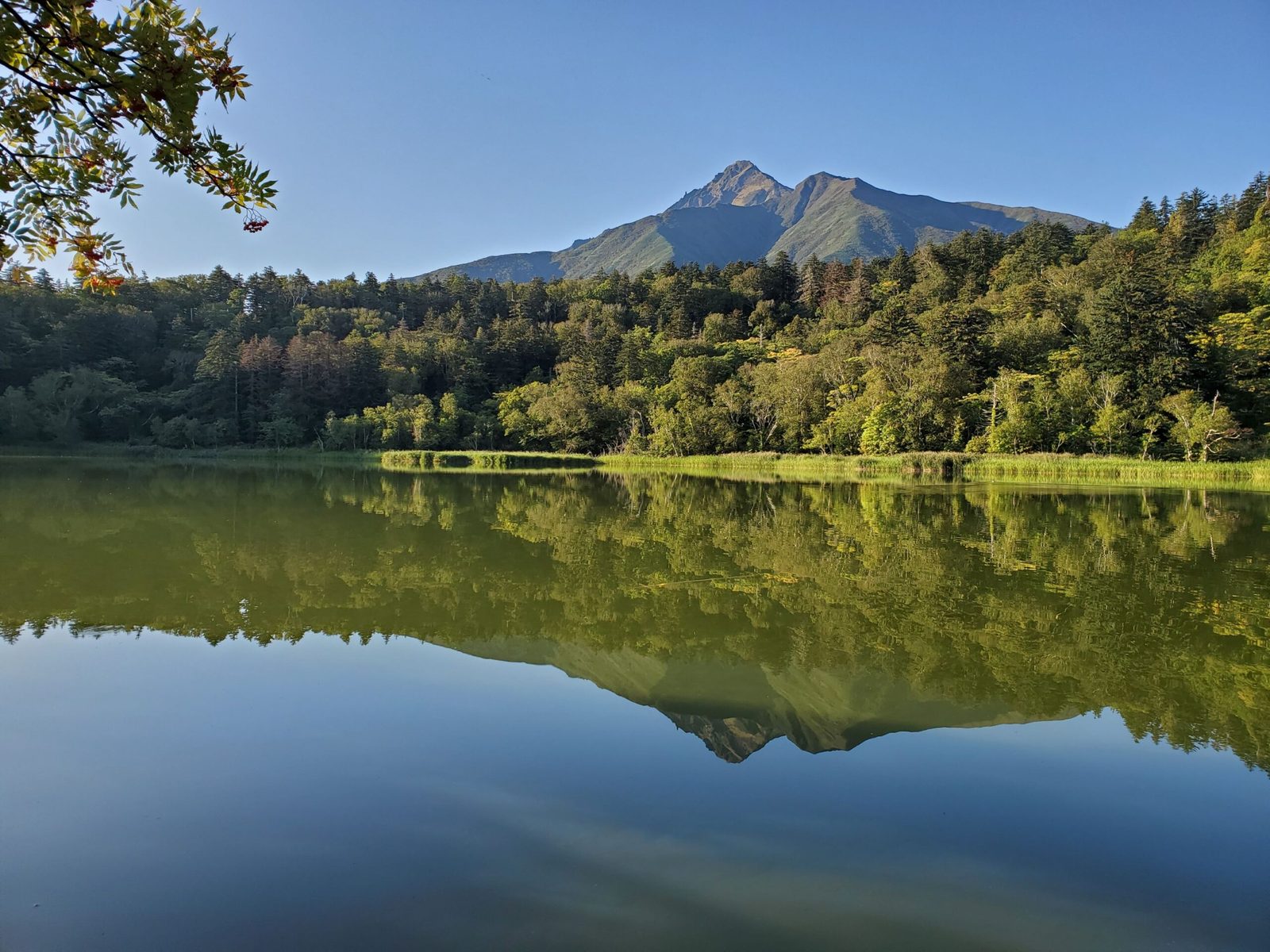 Mount Rishiri reflected in the still water of Himenuma Pond on Rishiri Island in summer