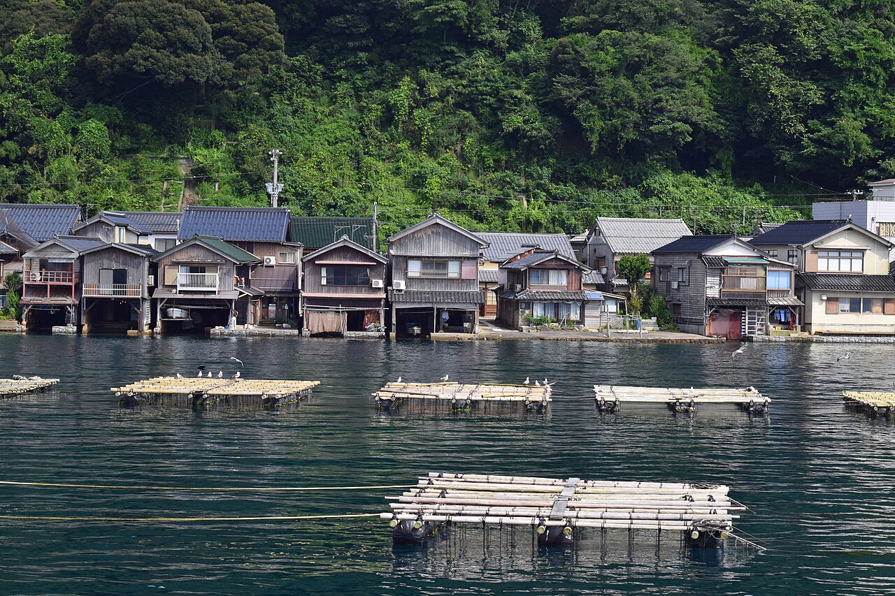 Funaya boathouses standing at the waterline along Ine Bay, with mussel rafts floating in front of them.