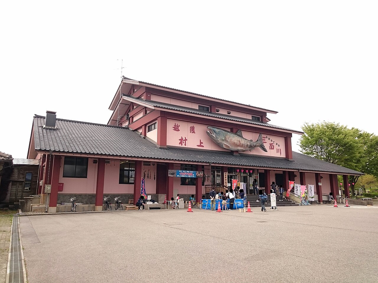 The pink-walled Iyoboya Kaikan salmon museum with tiled roofs and a large sculpted salmon mounted on the facade, with visitors gathered by tubs in the forecourt.