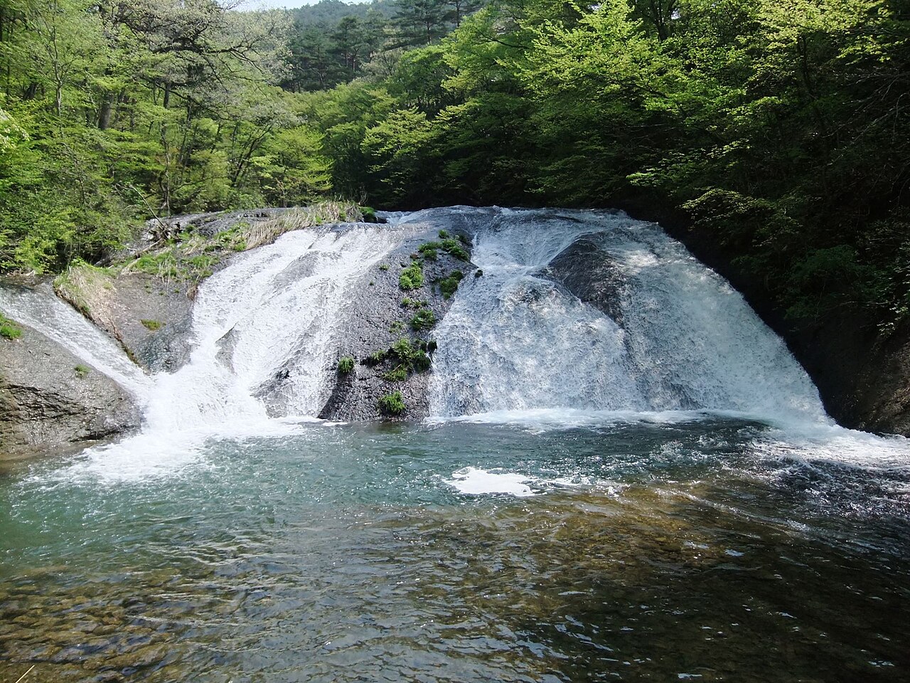 A wide, low waterfall spreading in white sheets over a rounded rock dome into a clear green pool, framed by fresh spring foliage.