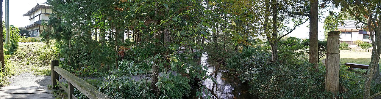 A shaded stream at Kappa-buchi in Tono, seen from a wooden footbridge rail, the shallow water running between cedars and dense green undergrowth.
