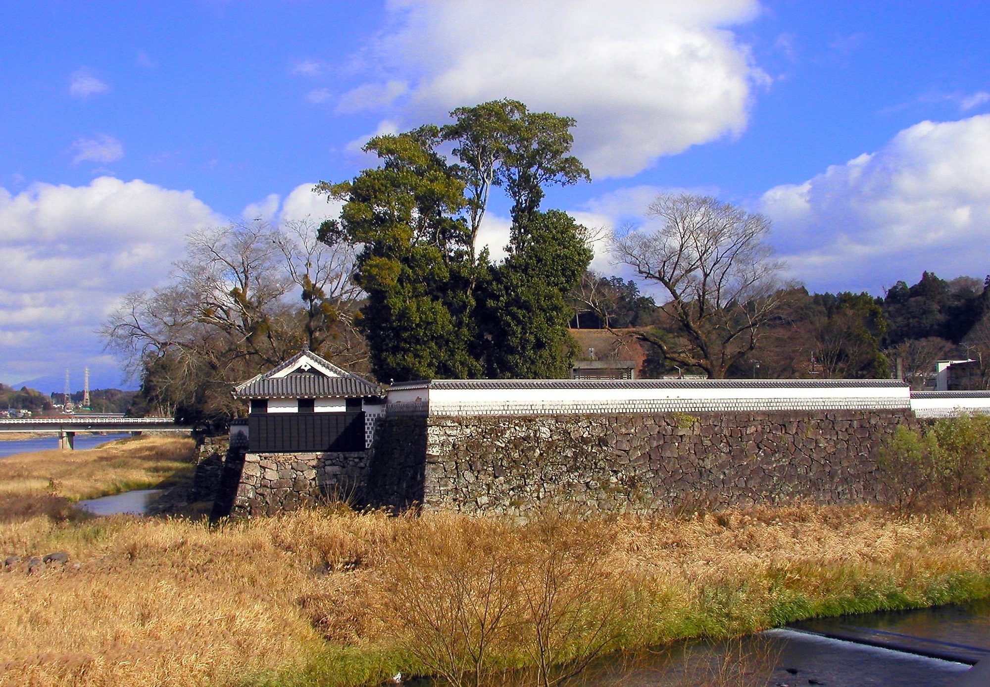 Moss-edged stone ramparts of the Hitoyoshi Castle ruins above the Kuma River