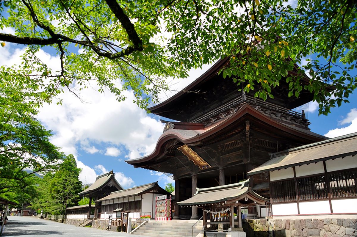 The Roumon gate of Aso Shrine seen from an angle beneath fresh green leaves, with white-walled corridors beside the gate and a blue sky with clouds.