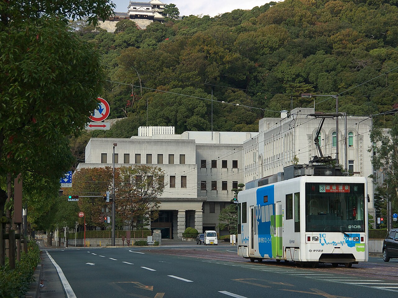 An Iyotetsu tram on the street tracks in central Matsuyama
