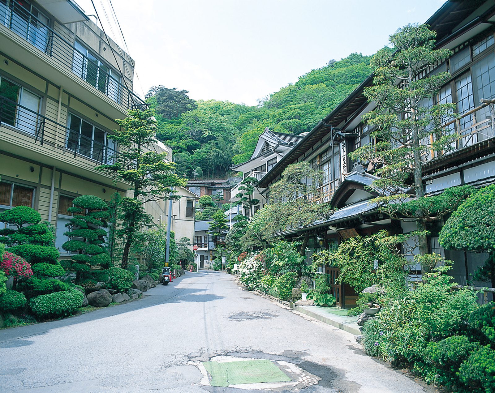 A quiet street in Kamasaki Onsen lined with old wooden inn buildings and trimmed garden trees.
