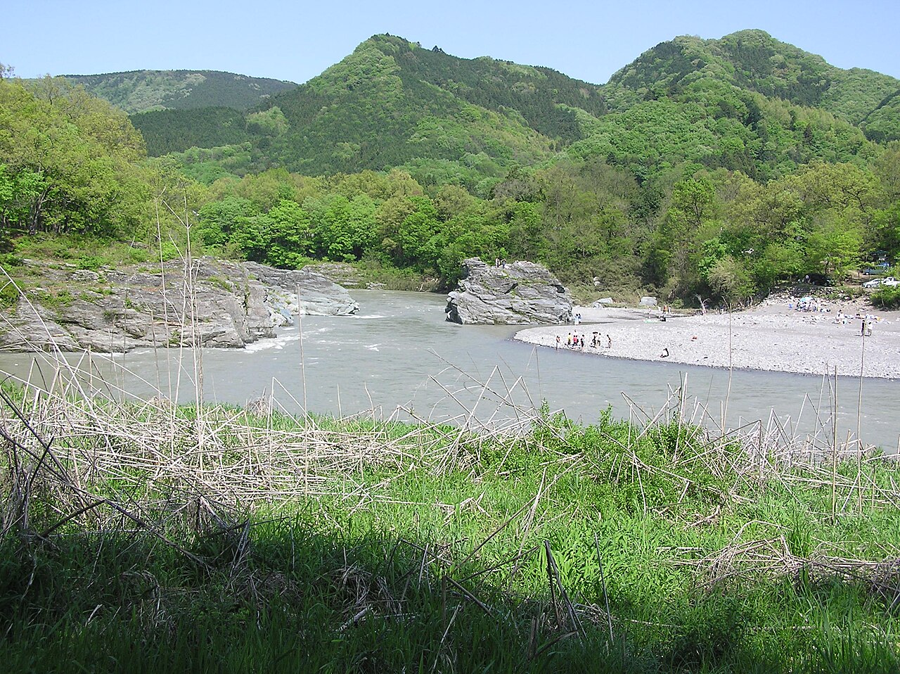 The Arakawa river flowing past flat rock terraces and forested hills at Nagatoro.
