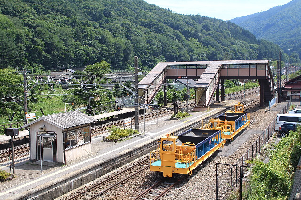 The platform and footbridge of Narai Station, with wooded ridges rising behind the tracks and a small trackside hut beside the rails.
