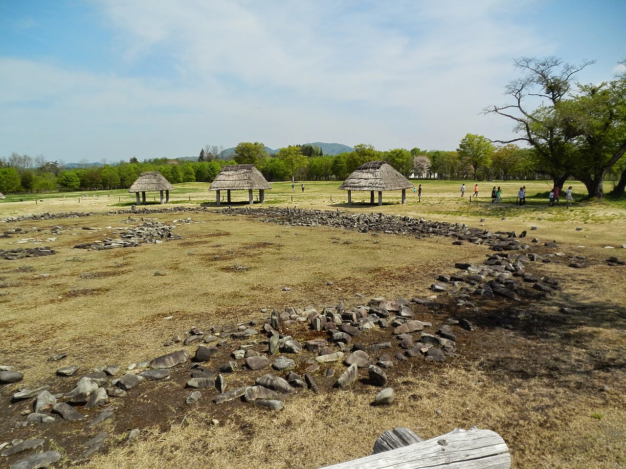 The Manza stone circle at Oyu, rings of small standing stones spread across a broad lawn.