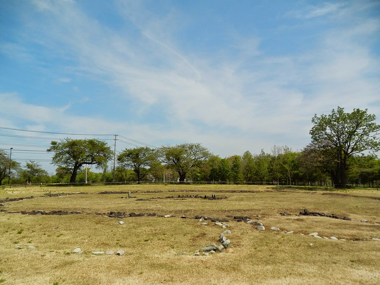 Standing stones of the Nonakado circle at the Oyu Stone Circles in Akita, set in mown grass under a wide northern sky.