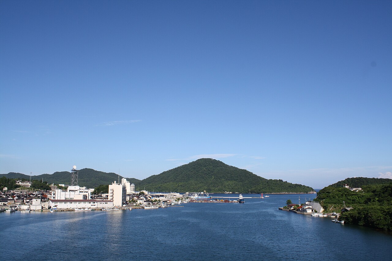 The town and bay of Saigo Port on the Oki Islands, seen from the Saigo Ohashi bridge