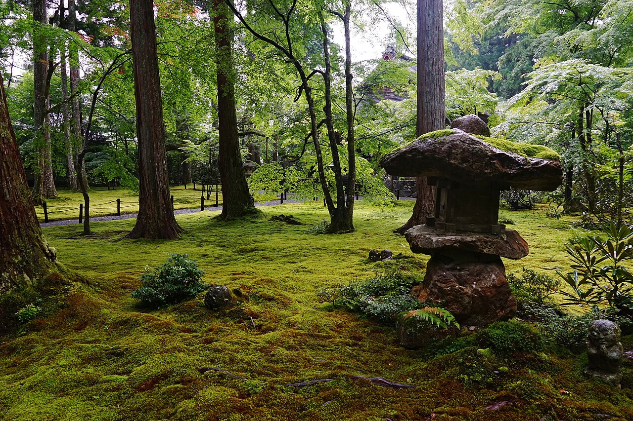 Moss garden and stone lantern at Sanzen-in