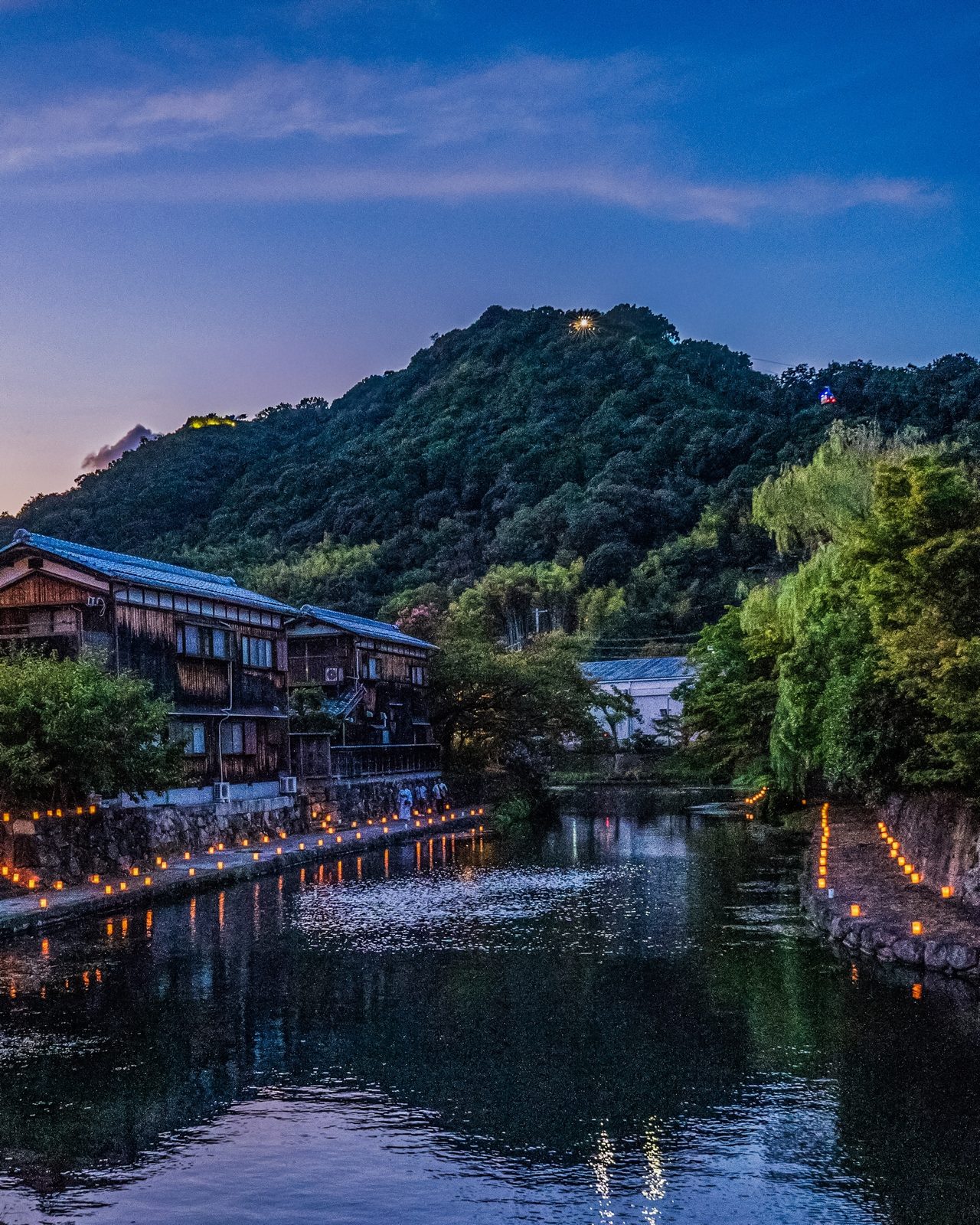 Paper lanterns along the stone bank of the Hachimanbori canal at dusk, with old wooden houses and a tree-covered hill above the still water