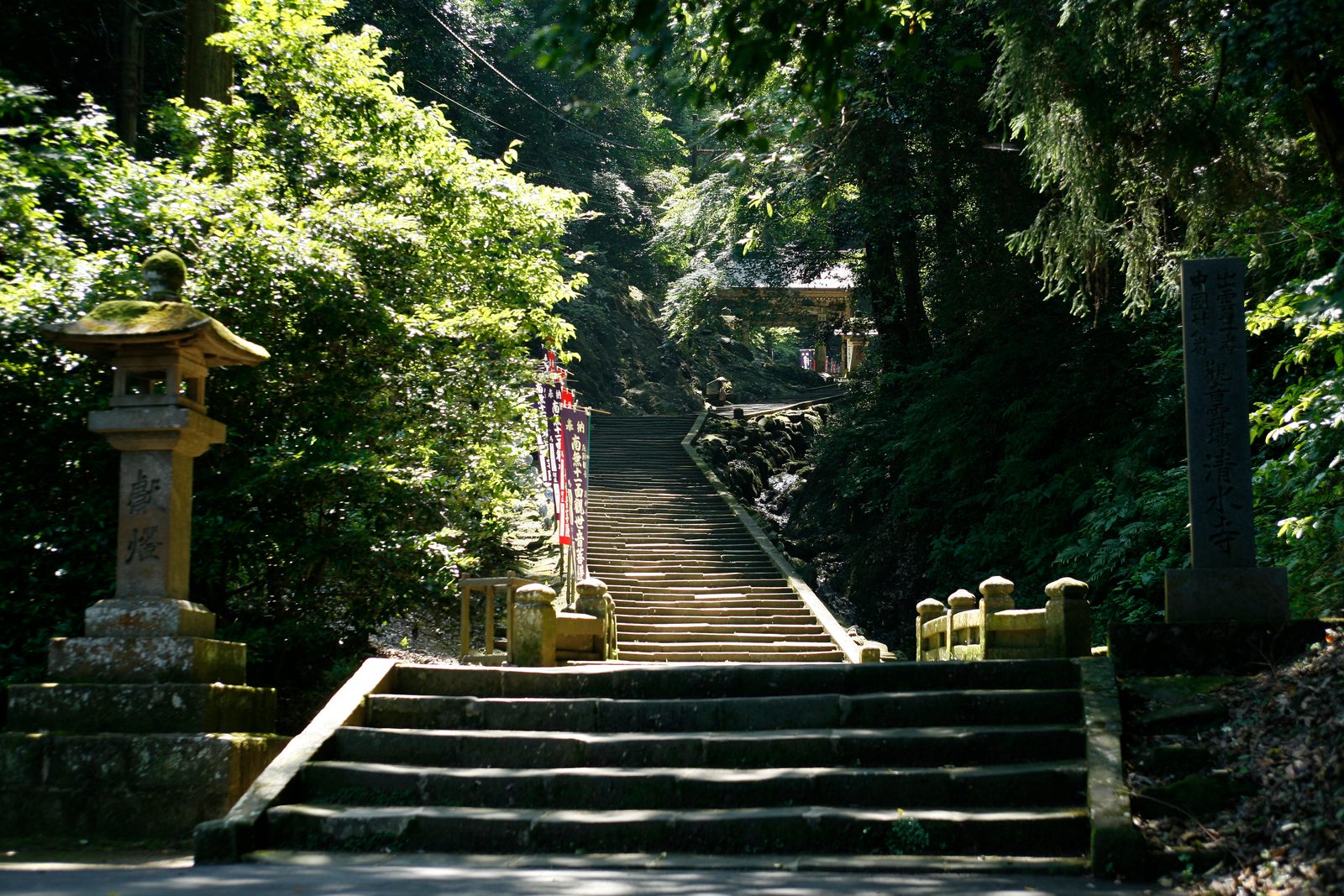 Long stone staircase climbing through forest from a lantern and a small bridge to a distant temple gate
