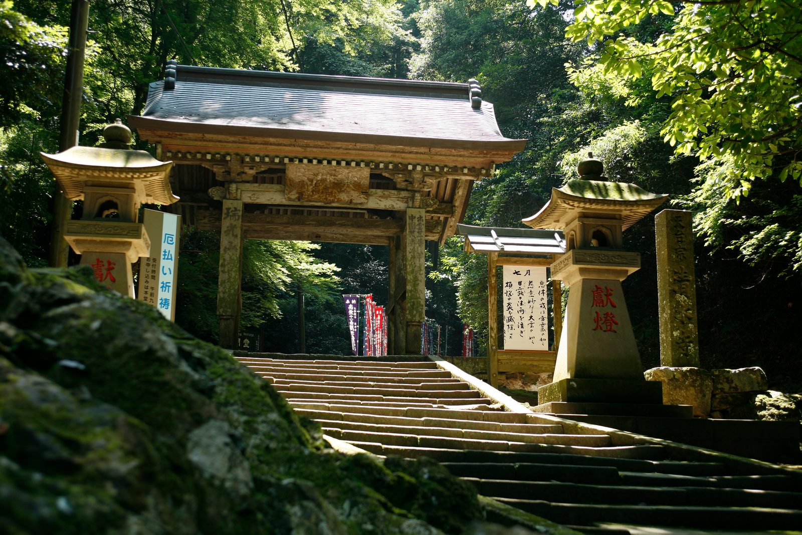 Wooden temple gate above a stone staircase flanked by two stone lanterns among green trees