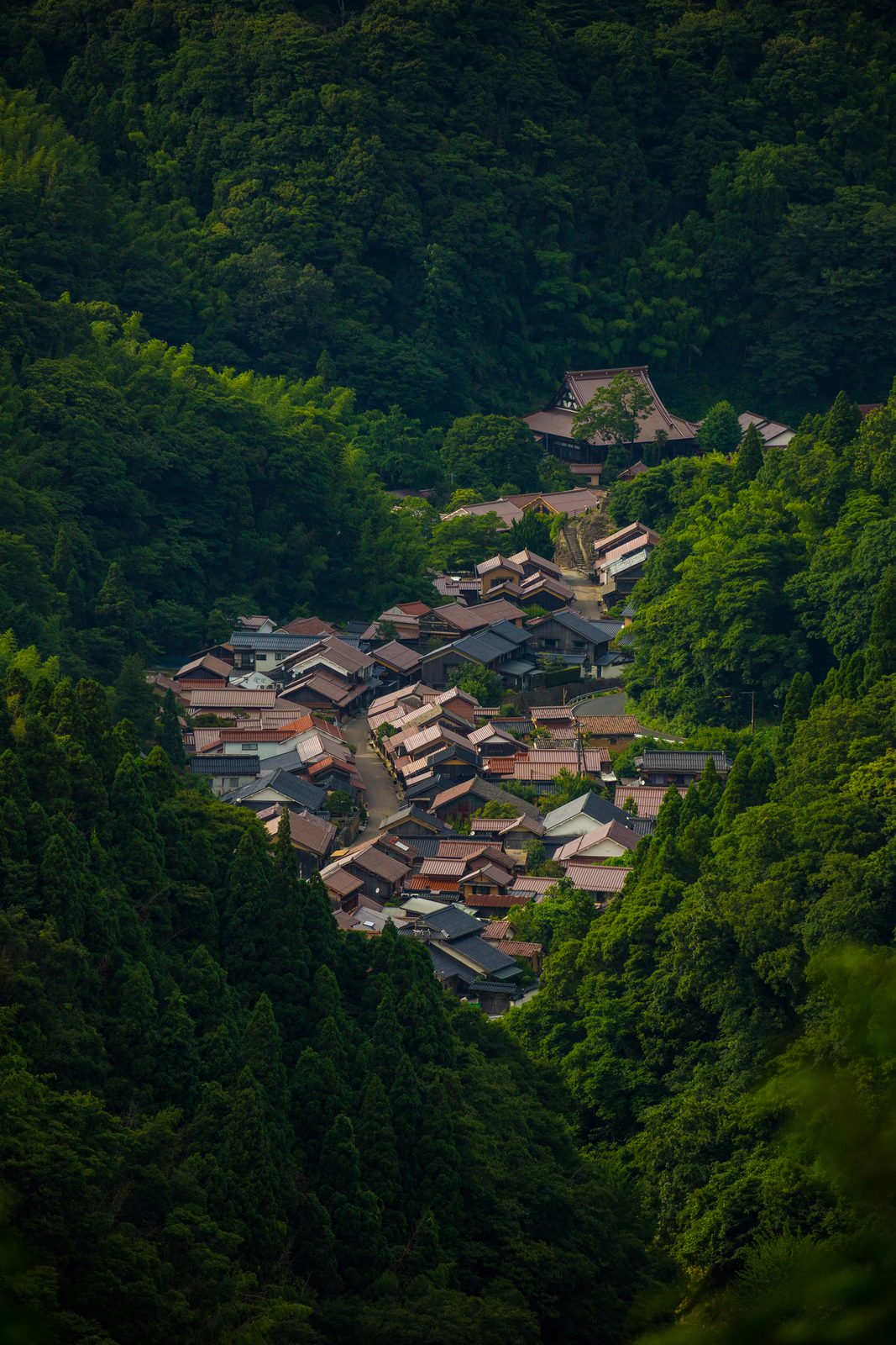 Aerial-style view from the Sennoyama lookout down onto the small valley village of Omori, with tiled roofs packed between forested slopes