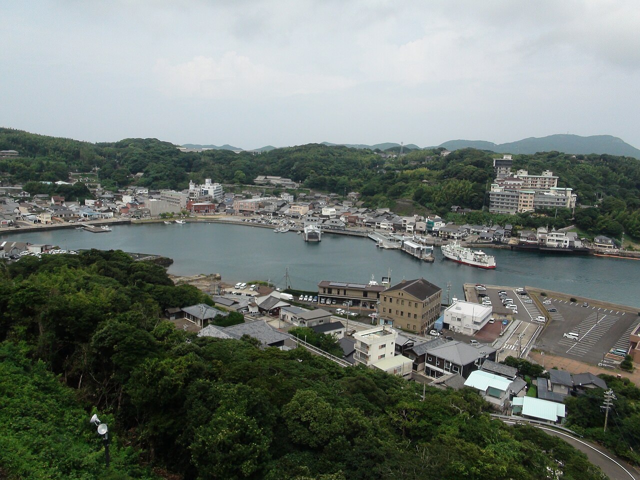 Hirado harbour and the town seen from the hillside near the castle