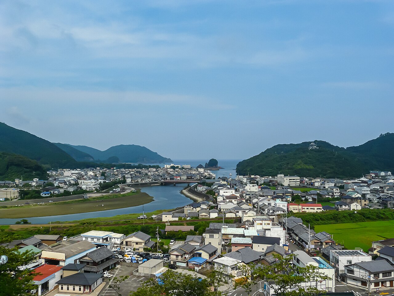 The Hiwasa River, the sea and the town of Minami seen from the hillside at Yakuoji