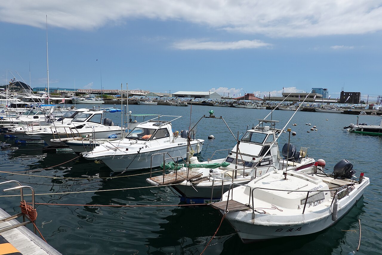 Small white fishing and pleasure boats moored side by side in a calm harbor under a blue sky with drifting clouds, with low warehouses along the far quay.
