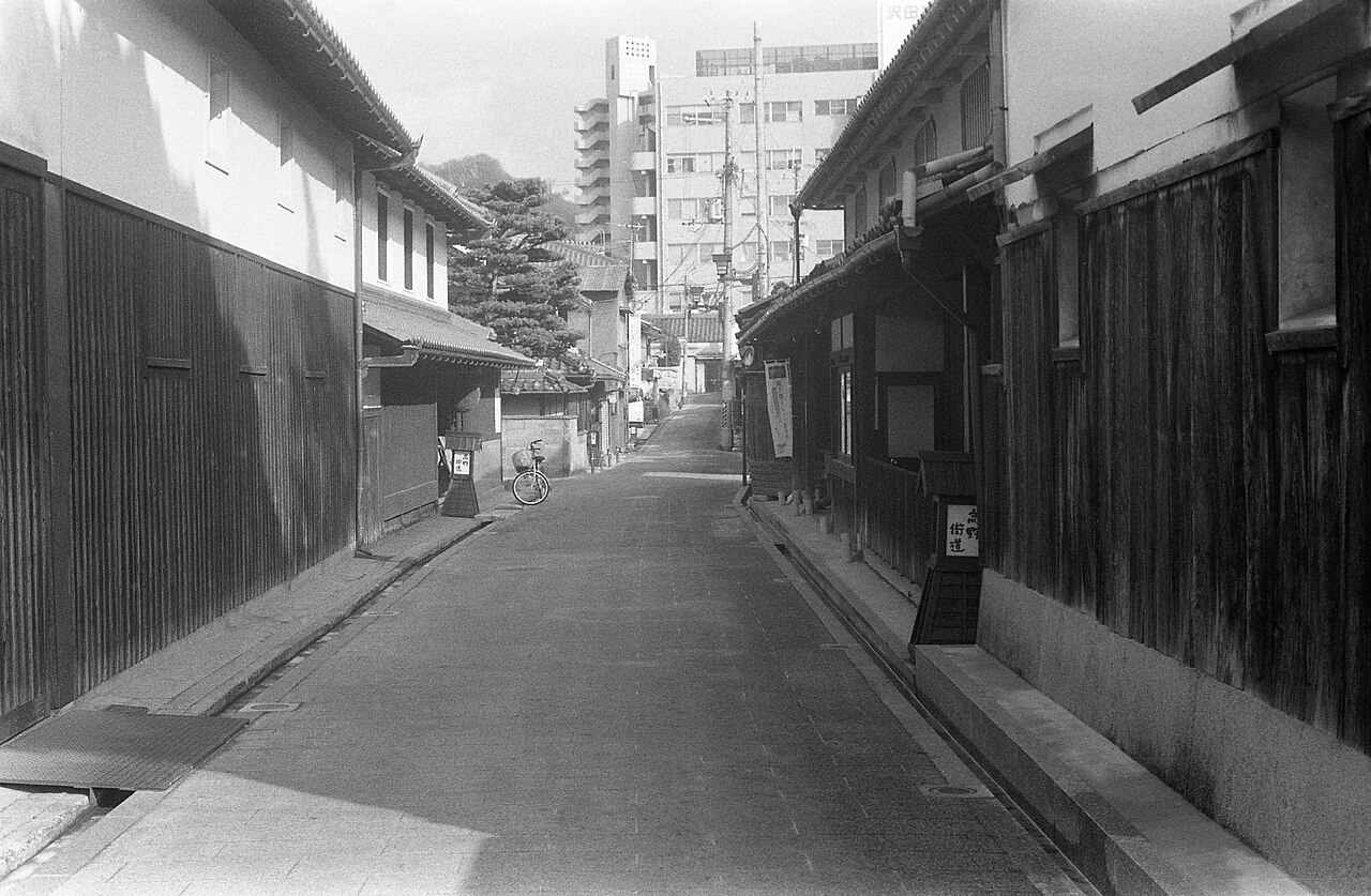 A narrow old street of dark wooden walls and tiled eaves along the Koya Kaido in Kawachinagano