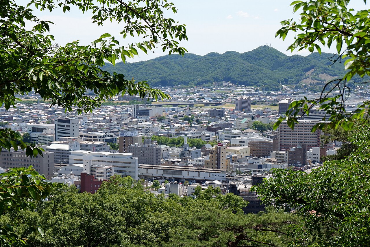 Rooftops of central Kiryu seen through trees from a hillside, with green mountains behind.