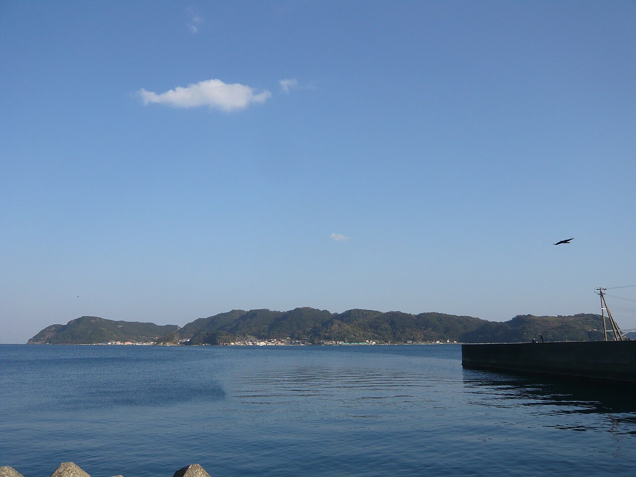 Calm dark-blue water in a harbor bay, with the green hills of Kii-Oshima island and a small row of houses along its shore on the far side, under a clear blue sky