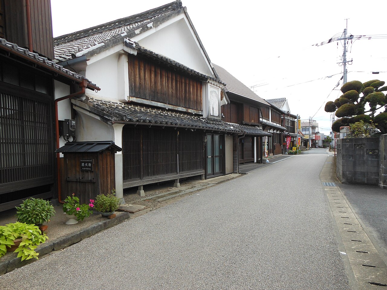 A quiet street lined with old merchant houses with white plastered gables, dark timber lattices and tiled eaves leads away under a pale sky, with a pruned pine tree at the right.