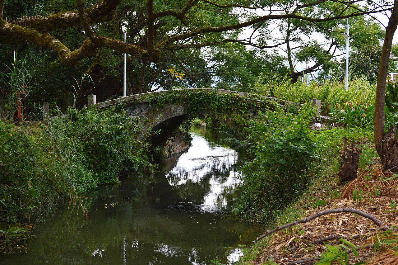 A moss-covered stone arch bridge over a still green stream, ferns and shrubs crowding the bank and tree canopy overhead