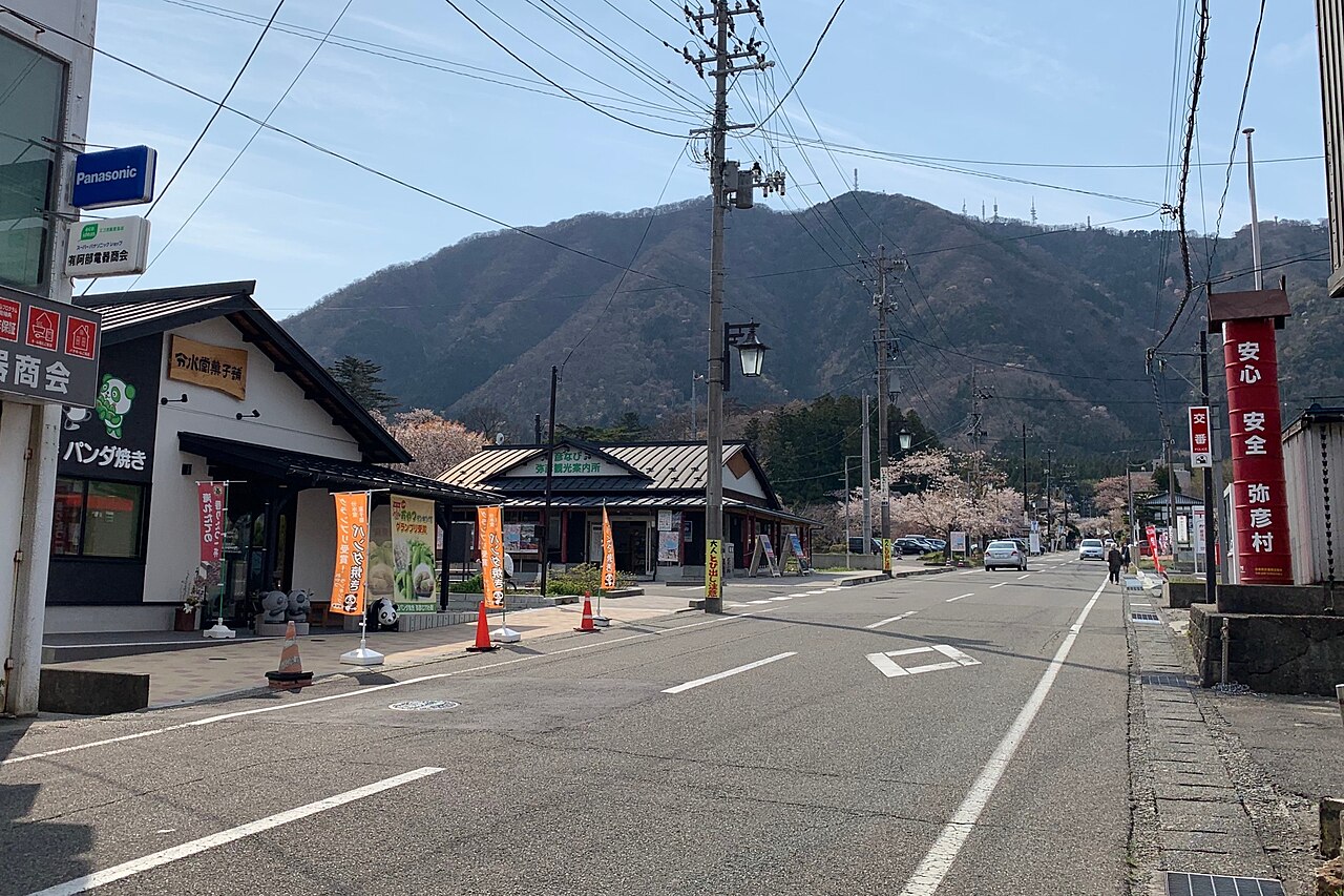 A wide street in Yahiko with a small snack shop and the tourist information office, the wooded slope of Mount Yahiko rising behind and cherry blossoms in the distance