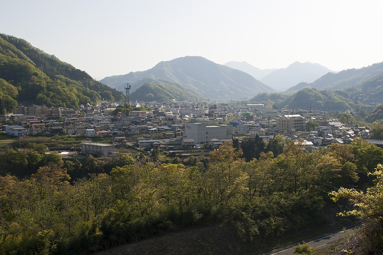 A hazy view over the low houses of a small mountain-ringed town from a wooded hillside, with layered green ridges rising behind.