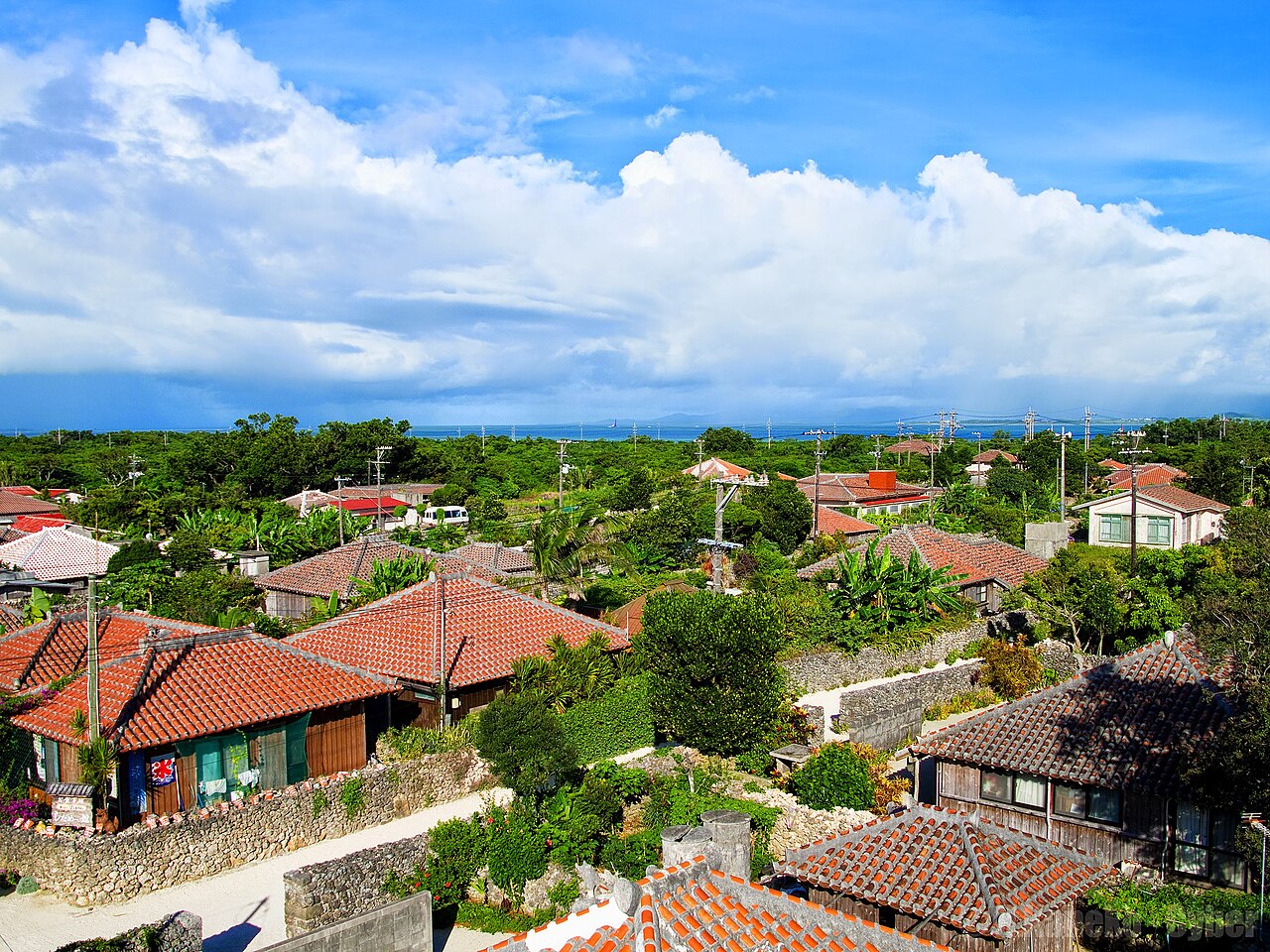 Red-tiled roofs and coral stone walls of Taketomi village, with a pale sand lane running between them and the sea on the horizon