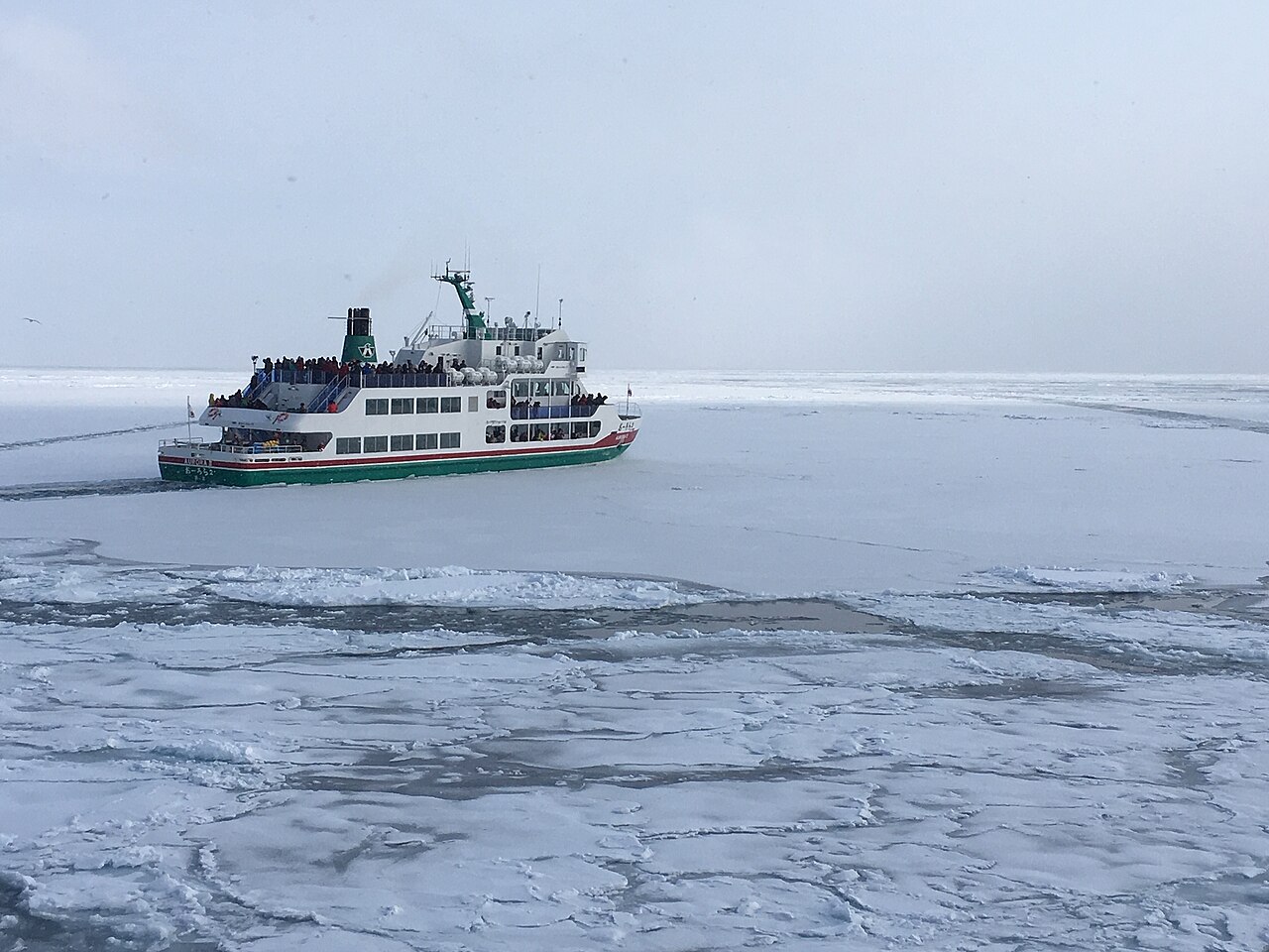 White tour ship pushing through broken drift ice on the sea