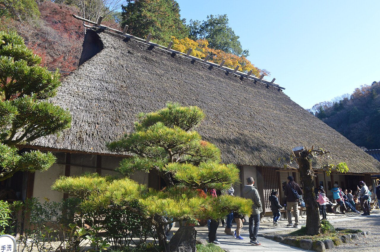 The large thatched roof of Sanshu Asuke Yashiki with a pine tree and visitors