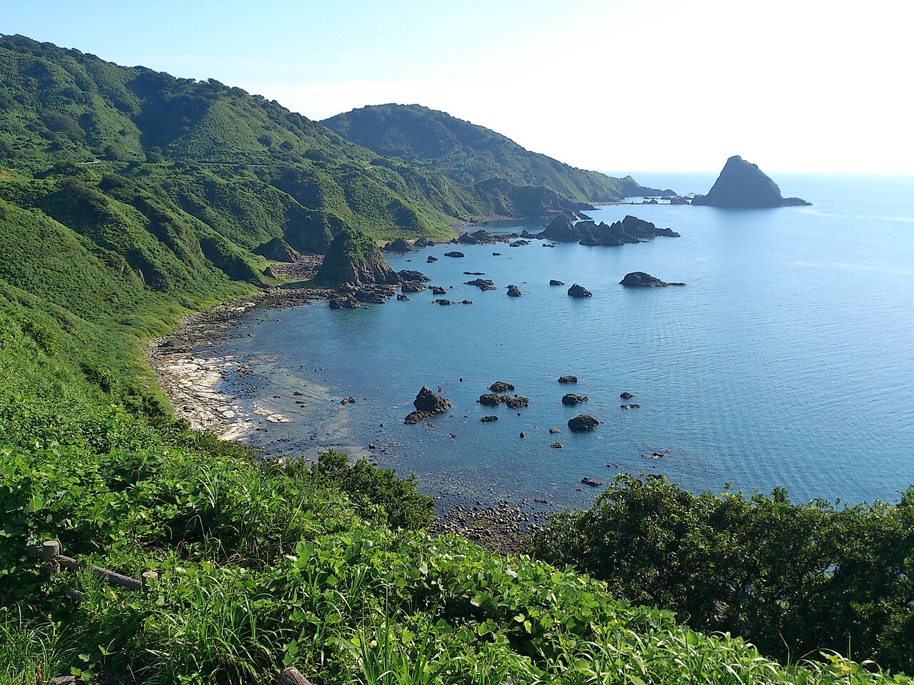Jagged rocks in a cove below green slopes, seen from a lookout above the sea.
