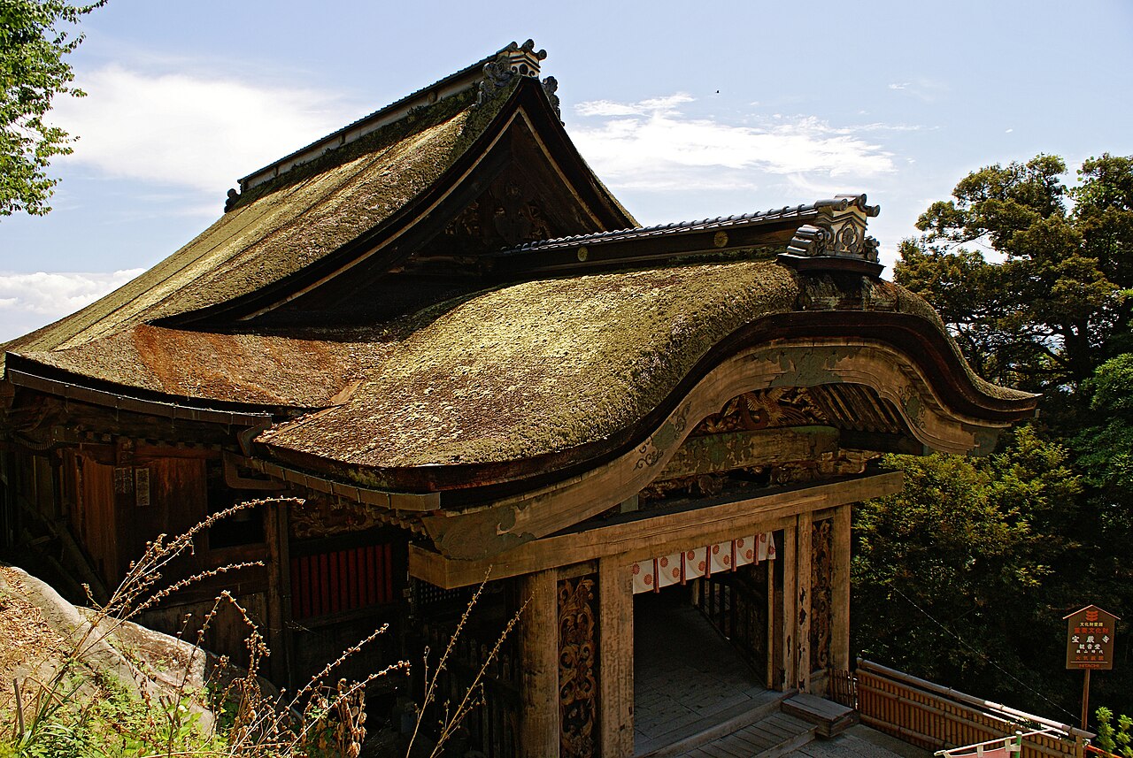 Curved, moss-covered cypress-bark roofs of the Karamon gate at Hogon-ji temple, seen from the side with trees behind