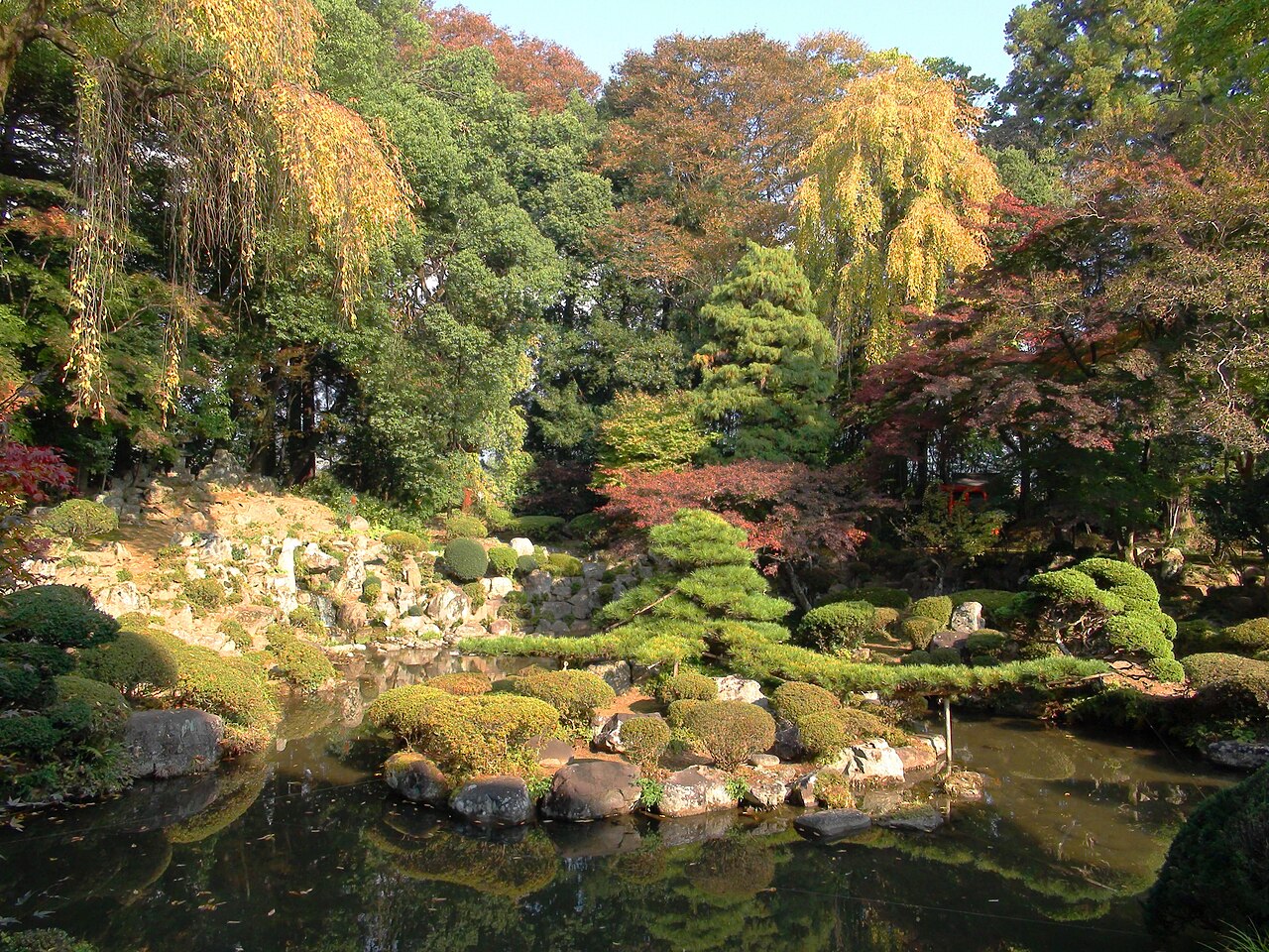 The pond garden of Erinji with a rock-built hillside on the left, a long trained pine reaching across the water and maples in autumn colour above the still surface