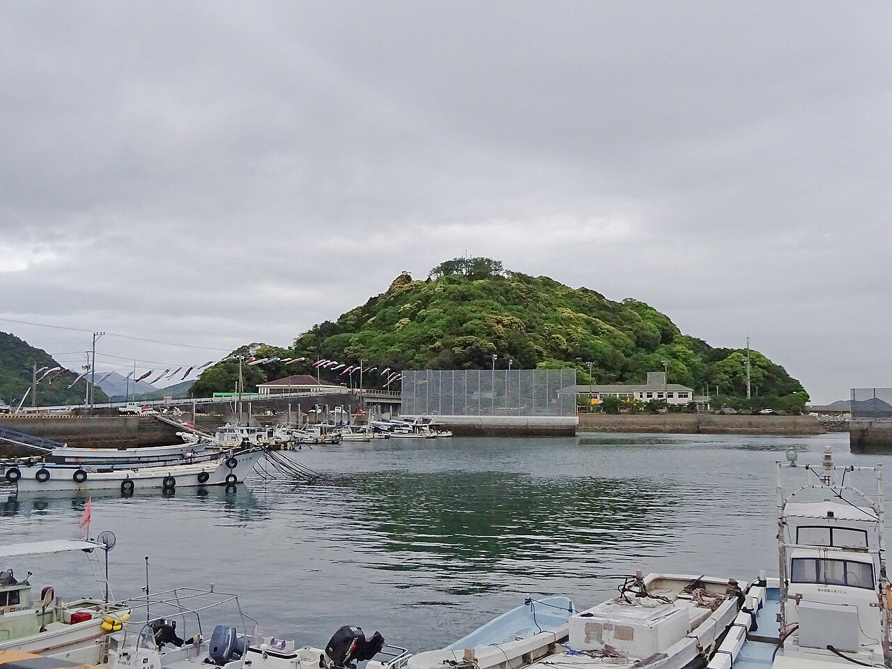 Small fishing boats are moored in a harbor with a green wooded islet across the water under an overcast sky.