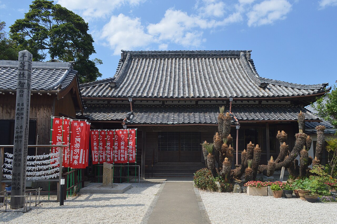 The tiled main hall of Anrakuji temple on Himakajima, with red banners for the octopus Amida and a row of sago palms.