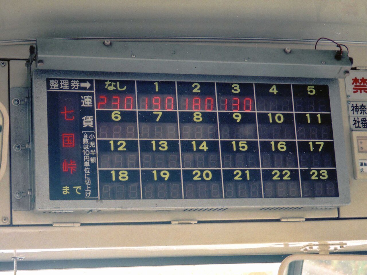 Overhead fare board in a Japanese bus: a grid of numbered-ticket columns (nashi, 1, 2, 3 and up) with the current fare lit in red under each ticket number