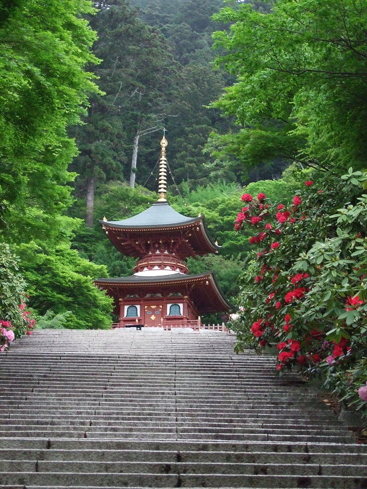 The red two-storied Tahoto pagoda at the top of a stone stairway among green trees and red azaleas at Katsuo-ji