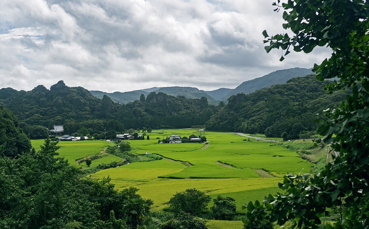 A green rice-paddy valley seen from a hillside under heavy clouds, a handful of farmhouses at the centre and forested rocky ridges rising behind