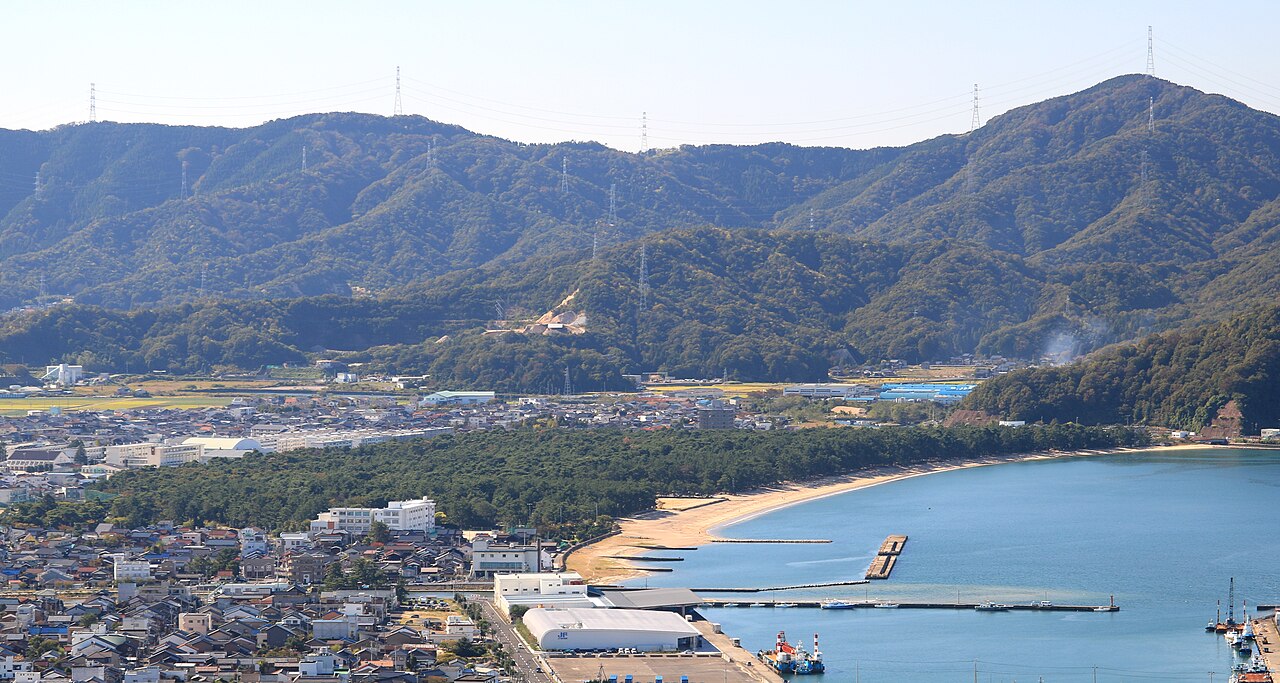 An elevated view over Tsuruga town showing the curved pine-lined beach, a small harbor, and wooded hills beyond.