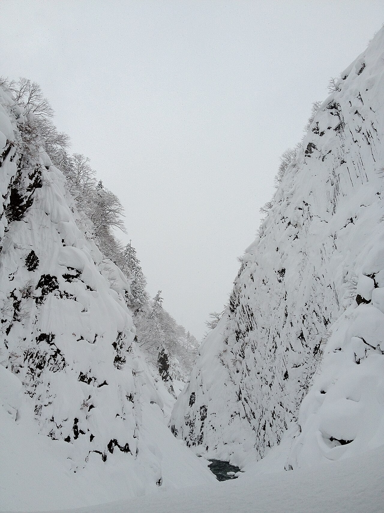 In winter, snow covers the steep sides of the gorge under a white sky.