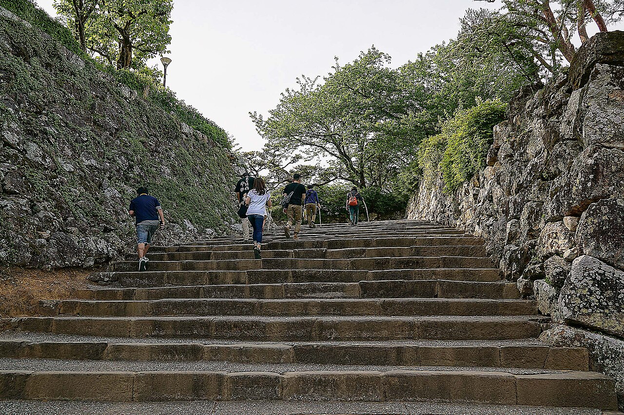 A wide flight of worn stone steps climbing between mossy stone walls and trees toward the upper grounds of Kochi Castle.